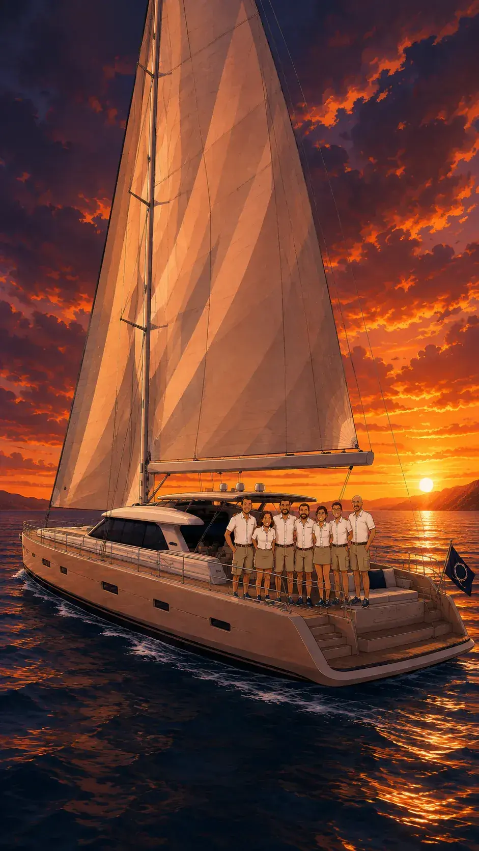 Equipaggio in divisa bianca sul ponte di uno yacht di lusso